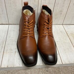 Mens Brown Faux Leather Lace Up Ankle Boots Zip Lined Winter Fashion Size 45